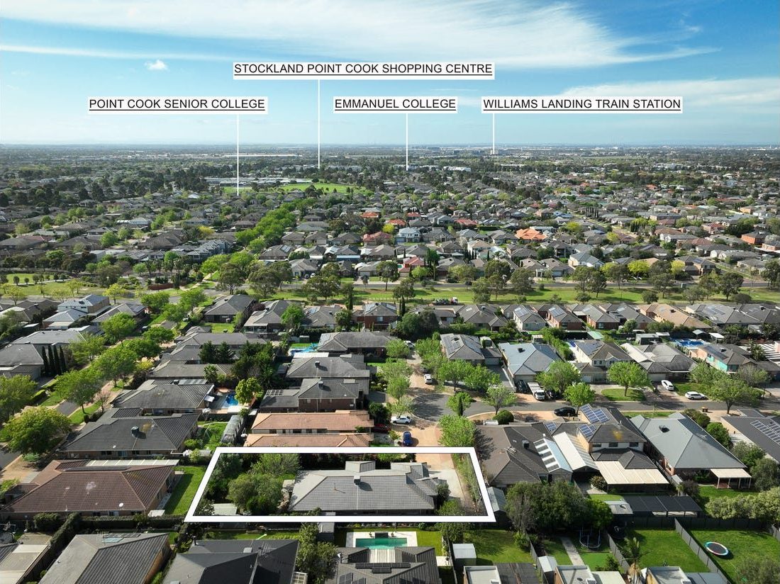Aerial view showing Stockland Point Cook Shopping Centre, Point Cook Senior College, Emmanuel College and Williams Landing train station nearby